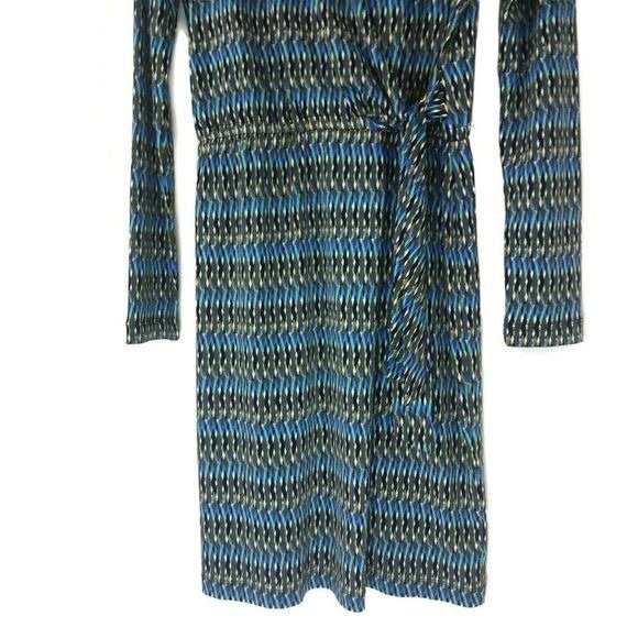 CALVIN KLIEN Women's Faux Wrap Sz 4 Blue Long Sleeve Geo Print Midi Dress - Picture 7 of 15